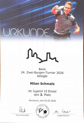 Urkunde: Zwei-Burgen-Turnier 2026, Jugend 15 Einzel, 3. Platz (Milan)