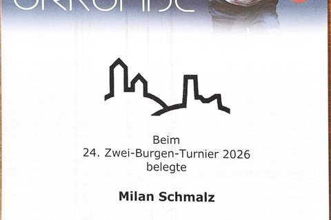 Urkunde: Zwei-Burgen-Turnier 2026, Jugend 15 Einzel, 3. Platz (Milan)