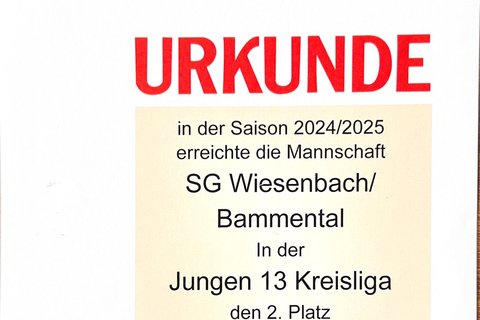 Urkunde: Jungen 13 Kreisliga 2024/25, 2. Platz