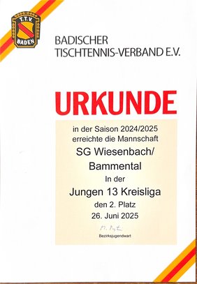 Urkunde: Jungen 13 Kreisliga 2024/25, 2. Platz