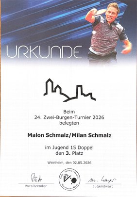 Urkunde: Zwei-Burgen-Turnier 2026, Jugend 15 Doppel, 3. Platz (Malon und Milan)