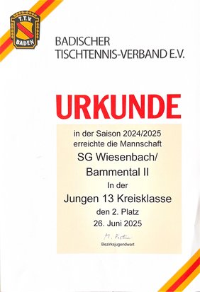 Urkunde: Jungen 13 Kreisklasse 2024/25, 2. Platz