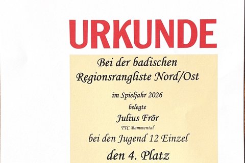 Urkunde: Regionsrangliste Nord/Ost 2026, Jugend 12 Einzel, 4. Platz (Julius)