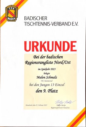 Urkunde: Regionsrangliste Nord/Ost 2025, Jungen 13 Einzel, 9. Platz (Malon)