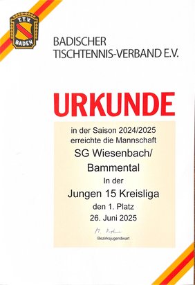Urkunde: Jungen 15 Kreisliga 2024/25, 1. Platz