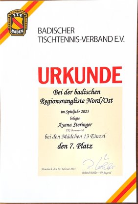 Urkunde: Regionsrangliste Nord/Ost 2025, Mädchen 13 Einzel, 7. Platz (Ayana)