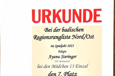 Urkunde: Regionsrangliste Nord/Ost 2025, Mädchen 13 Einzel, 7. Platz (Ayana)