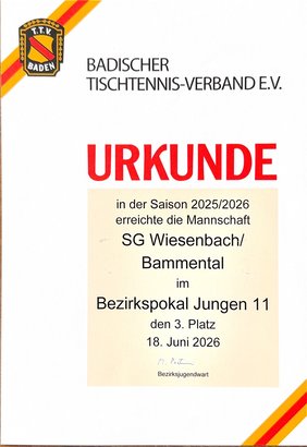 Urkunde: Bezirkspokal Jungen 11 2025/26, 3. Platz